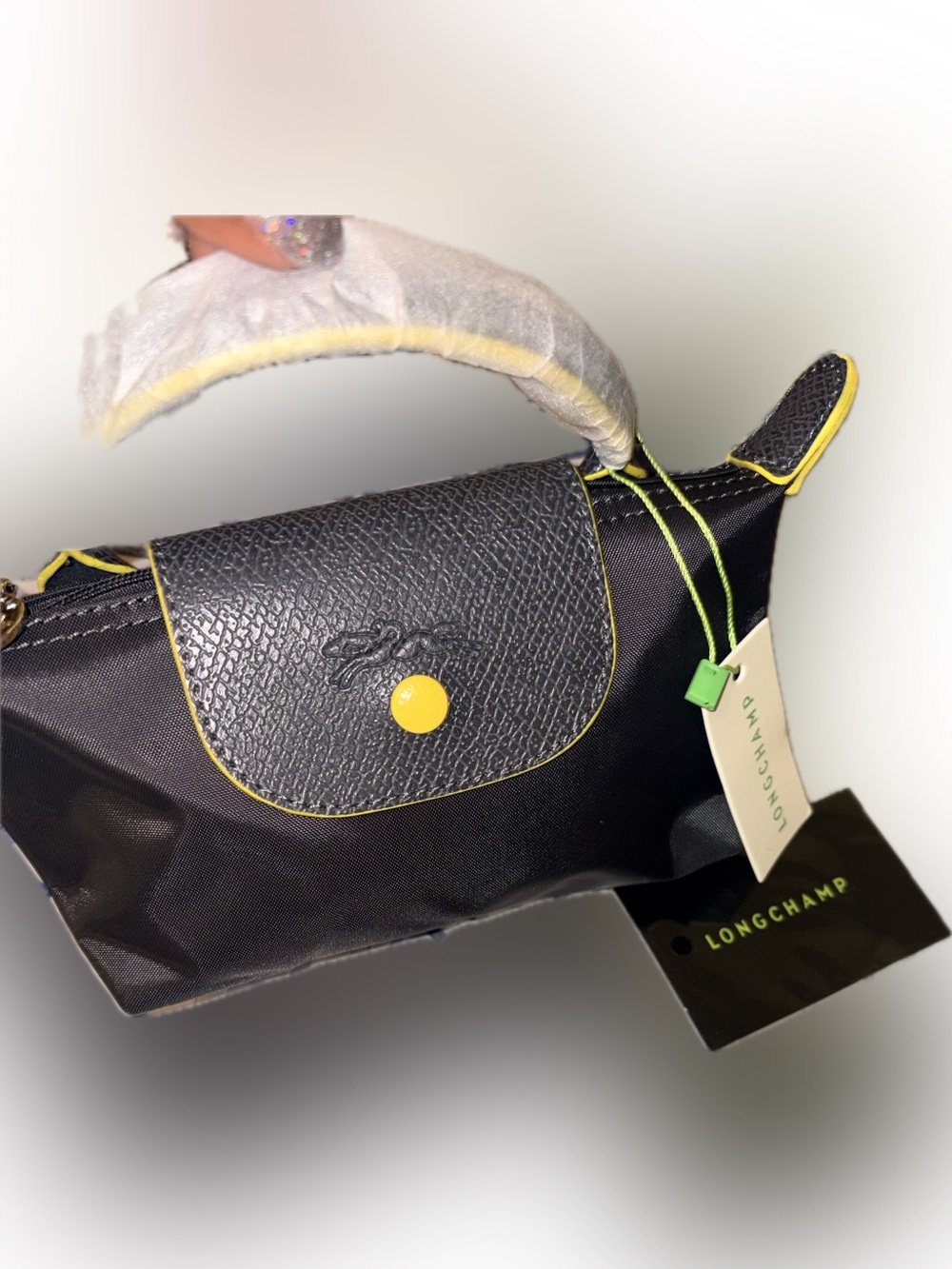 Longchamp Mini Le Pliage Black Nylon Crossbody with Yellow Trim